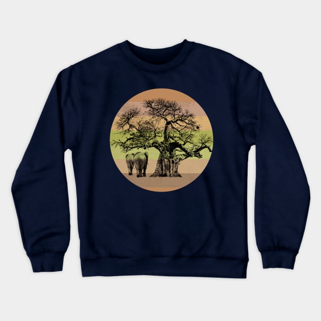 Baobab Tree and Elephants on Retro-style Sunset in Africa Colors Crewneck Sweatshirt by scotch